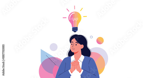 Creative businesswoman having a bright idea with a glowing light bulb appearing above her head on an abstract background.