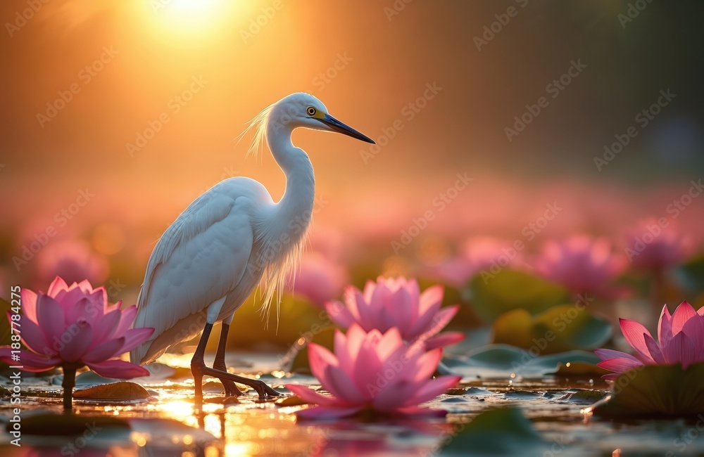 Fototapeta premium White egret bird stands amidst pink lotus flowers on calm water during golden hour sunset. Crane hunts for fish, egret in pond at dawn. Nature scene.