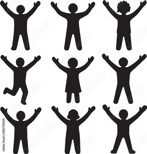 Set of black silhouettes of people jumping with arms raised up