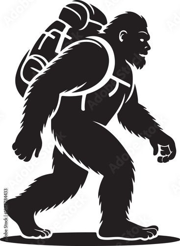 Bigfoot hiker with backpack walking, minimalist black silhouette on gray background