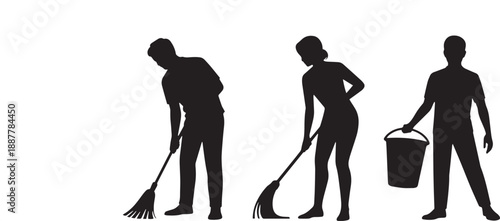 3 Human Silhouettes Cleaning Room – Flat Minimal Vector Illustration of Household Chores & Lifestyle