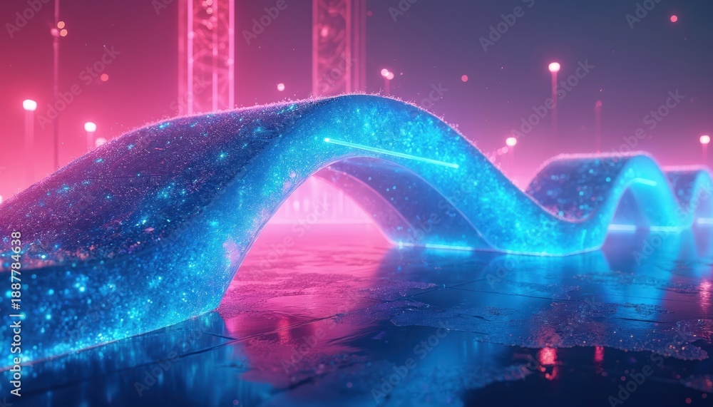 Fototapeta premium Futuristic glowing neon bridge structure curves through digital landscape. Bright blue light waves create abstract path. Vibrant pink and purple lights illuminate scene with particle effects.