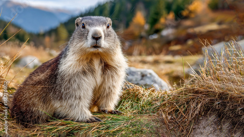 Curious marmot gazes at the viewer amidst autumn colors in a serene mountain landscape during a crisp afternoon