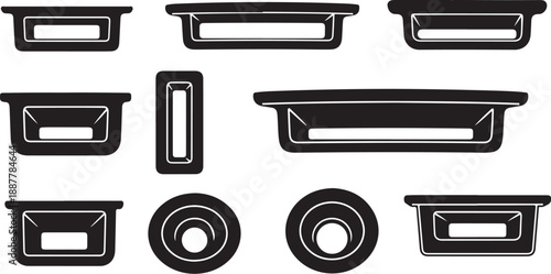 Various black and white icons of bathroom sinks and toilets