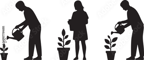 3 Human Silhouettes Watering Plants – Flat Minimal Vector Illustration of Gardening & Lifestyle