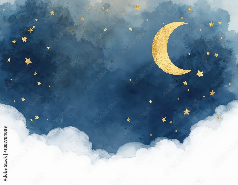 Fototapeta premium Dark blue night sky watercolor with golden stars and crescent moon. Soft white clouds float at bottom edge. Celestial dreamscape background.