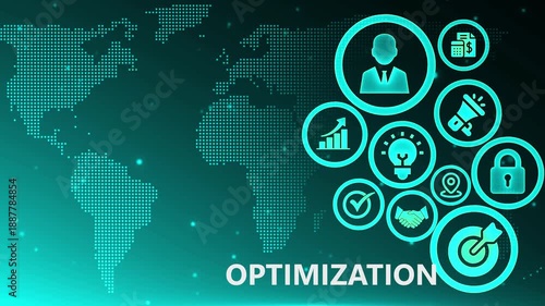 Global Business Optimization with Digital Icons and World Map Background, Technology Concept for Strategy and Growth