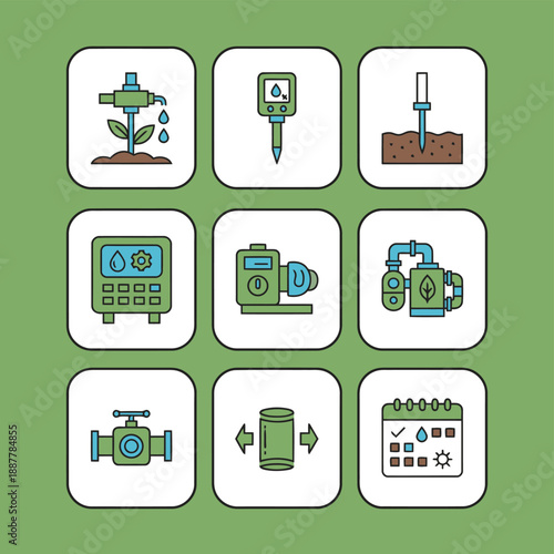 Smart agriculture irrigation system and automated farming technology icon set with water sensors pumps and smart calendar vector illustration
