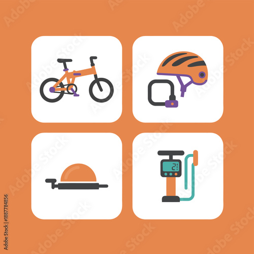 Folding bicycle and cycling accessories icon set including helmet security lock bell and digital pressure air pump vector illustration