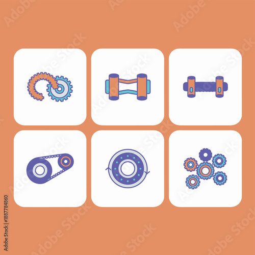 Industrial mechanical engineering components and power transmission gear icon set with belts bearings rollers and cogwheels vector illustration