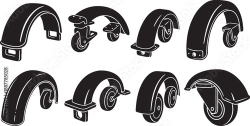 Set of black and white caster wheel icons isolated