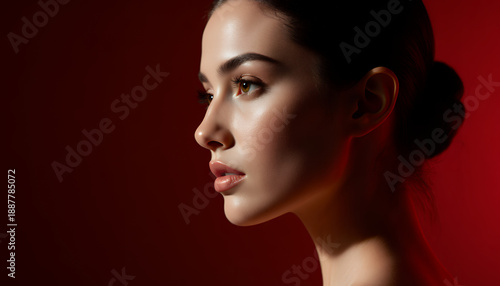 Elegant Portrait of a Woman on a Red Background in Studio Lighting