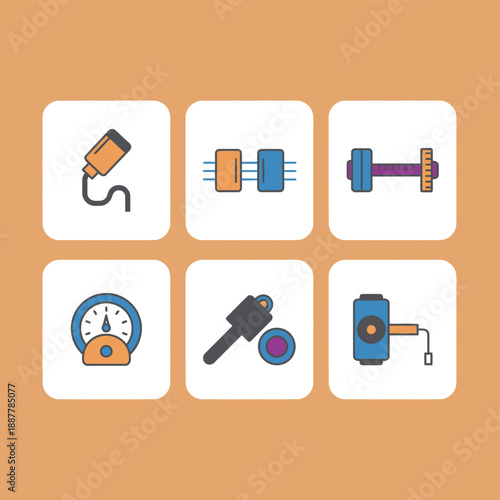 Industrial precision measuring instruments and electronic sensor icon set with pressure gauges probes and technical hardware vector illustration