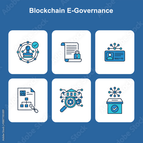 Blockchain e-governance and digital identification icon set with smart contracts secure voting legal documents and system transparency vector illustration