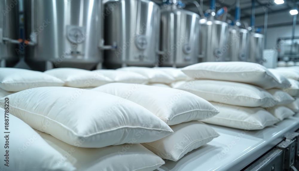 Fototapeta premium Stacks of white pillows sit on conveyor belt in clean manufacturing plant. Large metal vats are visible in background suggesting production. This scene shows finished goods ready for distribution.