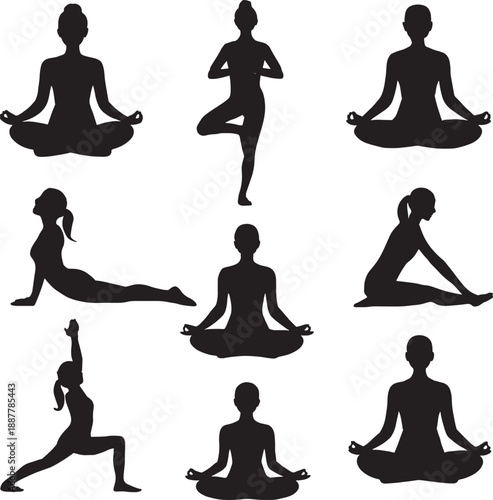 Silhouette of women practicing various yoga poses on white background