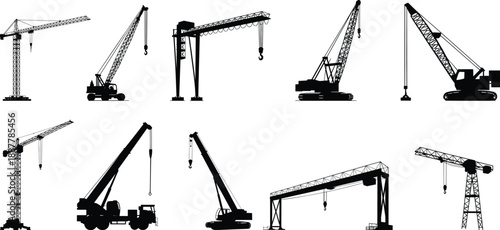 Construction crane silhouettes set, tower and mobile lifting machines, black vector icons collection, heavy equipment industrial building illustration isolated