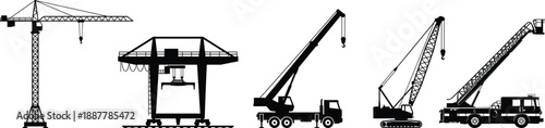 Construction crane silhouettes set, tower gantry truck and crawler cranes, heavy lifting equipment icons, black vector illustration isolated