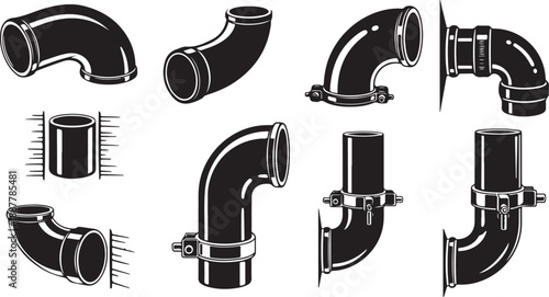 Black and white illustration of various pipe fittings collection