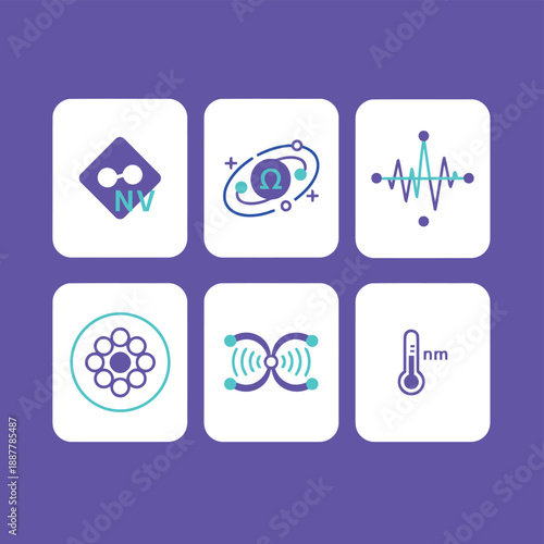 Quantum computing and nanotechnology research icons including nitrogen vacancy center atoms wave function molecule structures and temperature measurement for advanced science and laboratory physics