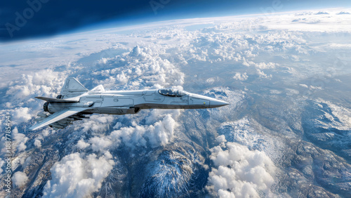 Majestic fighter jet soaring above breathtaking cloudscapes and mountainous terrain on a clear blue day, showcasing the harmony of technology and nature