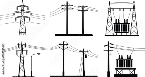 Electric power transmission silhouettes set, utility poles towers and transformers, black vector icons for energy grid infrastructure design