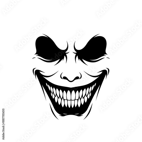 A creepy cartoon face with a wide menacing grin and sharp teeth