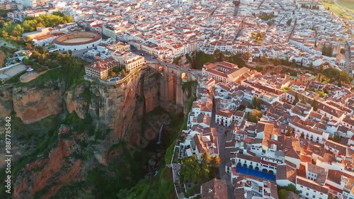 Aerial view of the Ronda medieval town at sunrise, Andalusia, Spain