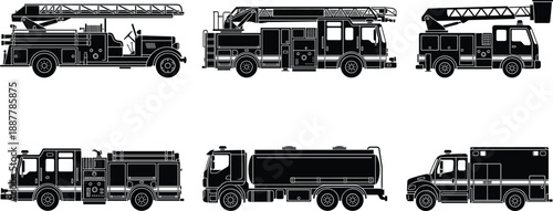 Fire truck silhouettes set, ladder engine tanker and rescue vehicles, black vector icons collection, emergency service transportation illustration isolated