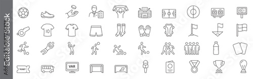 Soccer, football and stadium icon set – editable outline symbols of flag, ball, player, goal,  referee, jersey, trophy, players and fan elements