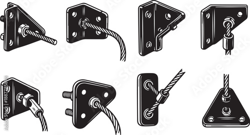 Various metal wire cable clips and mounts illustrated