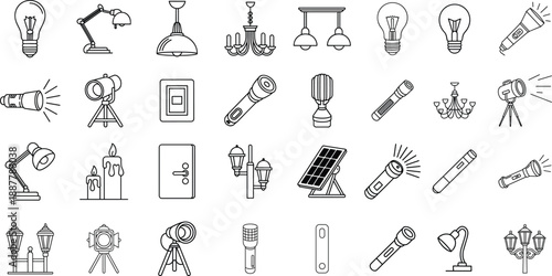 Lighting icons set, lamp chandelier flashlight candle solar panel symbols, outline vector collection, home illumination elements, black line illustration