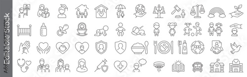no child labor, Child protection, Childcare, family, nutrition, and education icon set – editable outline symbols of rights,health, school, baby and parent