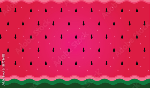Watermelon slice inspired background with seeds and wavy rind border