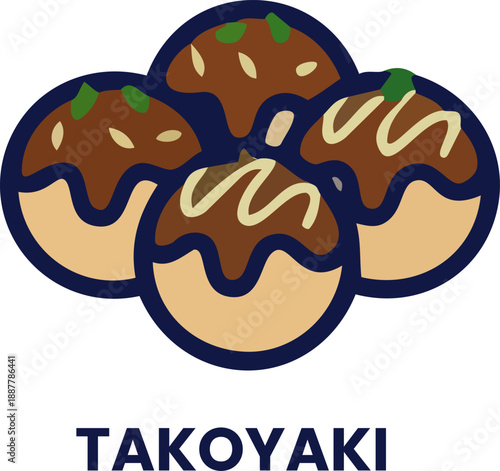Delicious Japanese Takoyaki Balls with Sauce and Toppings Illustration