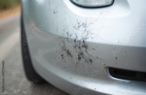Silver car bumper shows many deep scratches and dirt from a road incident. The paint is marred, revealing damage. This shows need for auto body repair work. © Vadym