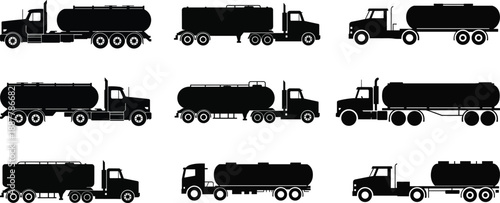 Tanker truck silhouette set, fuel oil and water transport vehicles, black vector icons, industrial logistics delivery collection isolated