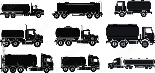 Tanker truck silhouettes set, fuel and water transport vehicles, black vector icons collection, industrial logistics transportation illustration isolated