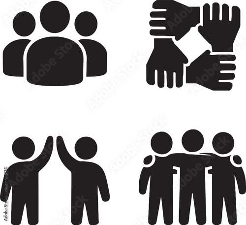 Stick figures showing teamwork and collaboration with hands and people icons
