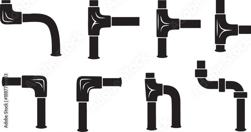 Black and white pipe fittings on a white background