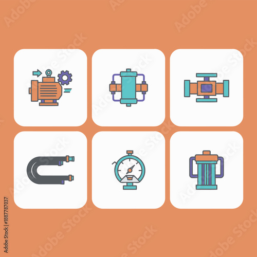 Hydraulic and pneumatic system components icons with motor filter pressure gauge pipe and valve for industrial mechanical engineering and fluid power control applications flat vector