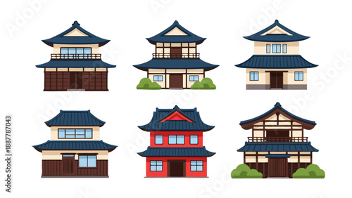 Set of vector illustrations of traditional Japanese houses and buildings with traditional architecture and design