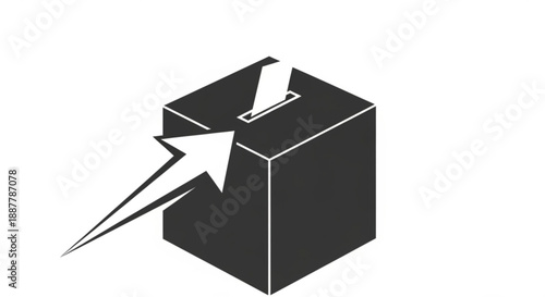 Dark gray ballot box with white arrow inserting paper vote on plain white background for elections