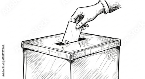 Hand casting ballot into wooden voting box symbolizing democracy and civic duty in a simple black and white illustration