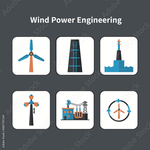 Wind power engineering and offshore renewable energy icons featuring turbine structures transmission tower power station and grid maintenance tools for sustainable electrical generation flat vector