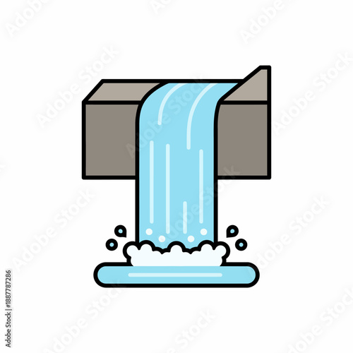 Stylized illustration of a controlled waterfall or spillway structure with splashing water below