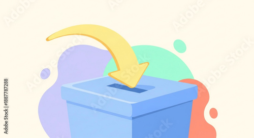 Voting box with yellow arrow inserting ballot in democratic election process with colorful abstract background