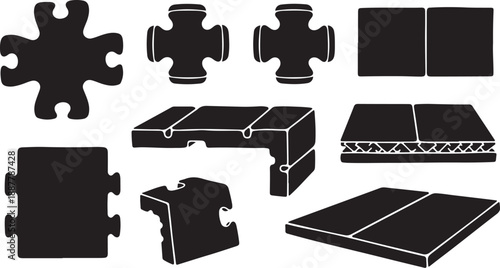 Black puzzle pieces and connectors on white background