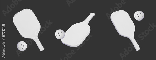 Minimal white 3D vector pickleball paddles and balls arranged as a clean mockup set on a dark background. 