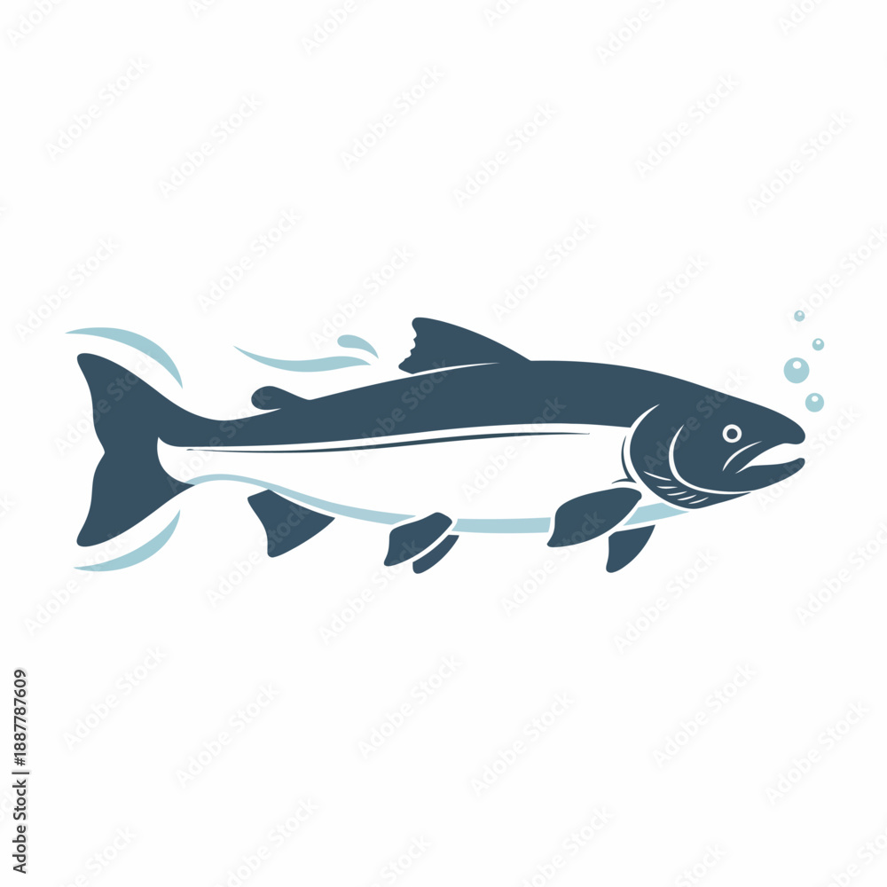 Fototapeta premium Stylized illustration of a dark blue fish swimming with light blue water accents
